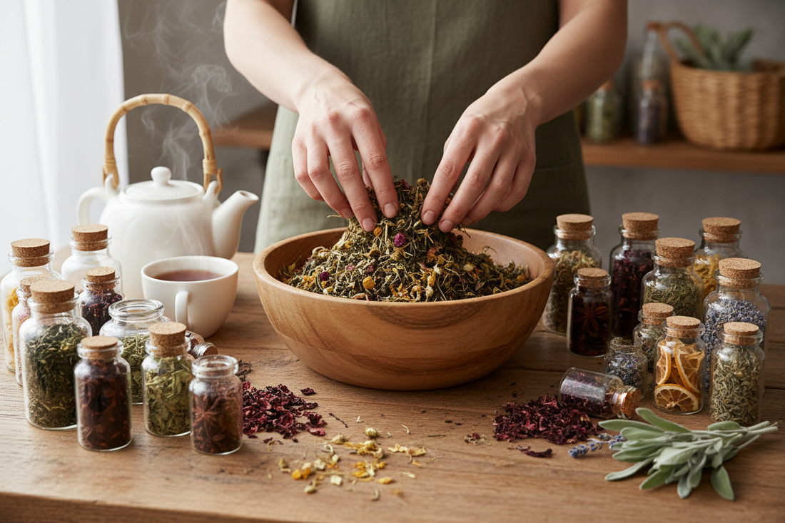 A woman's hands mixing dried herbs in a wooden bowl with jars of herb on a table.
